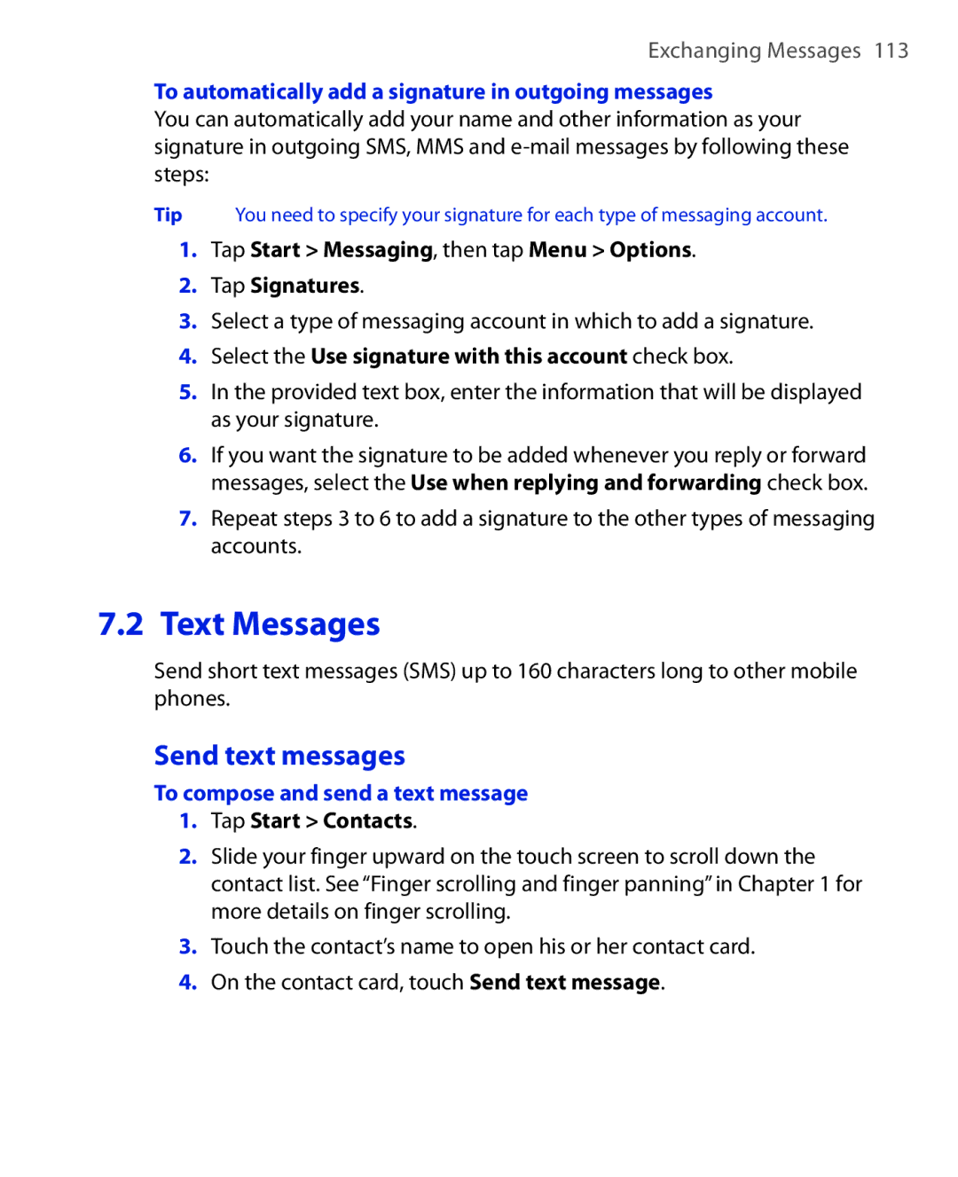 HTC POLA100 Send text messages, To automatically add a signature in outgoing messages, To compose and send a text message 
