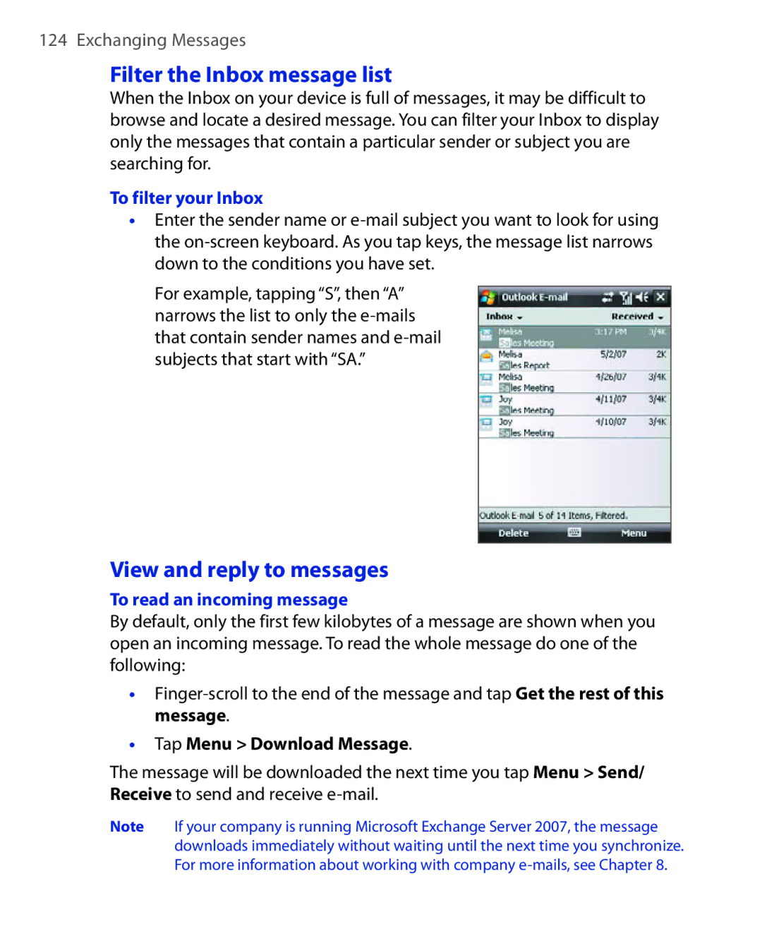 HTC POLA100 Filter the Inbox message list, View and reply to messages, To filter your Inbox, To read an incoming message 