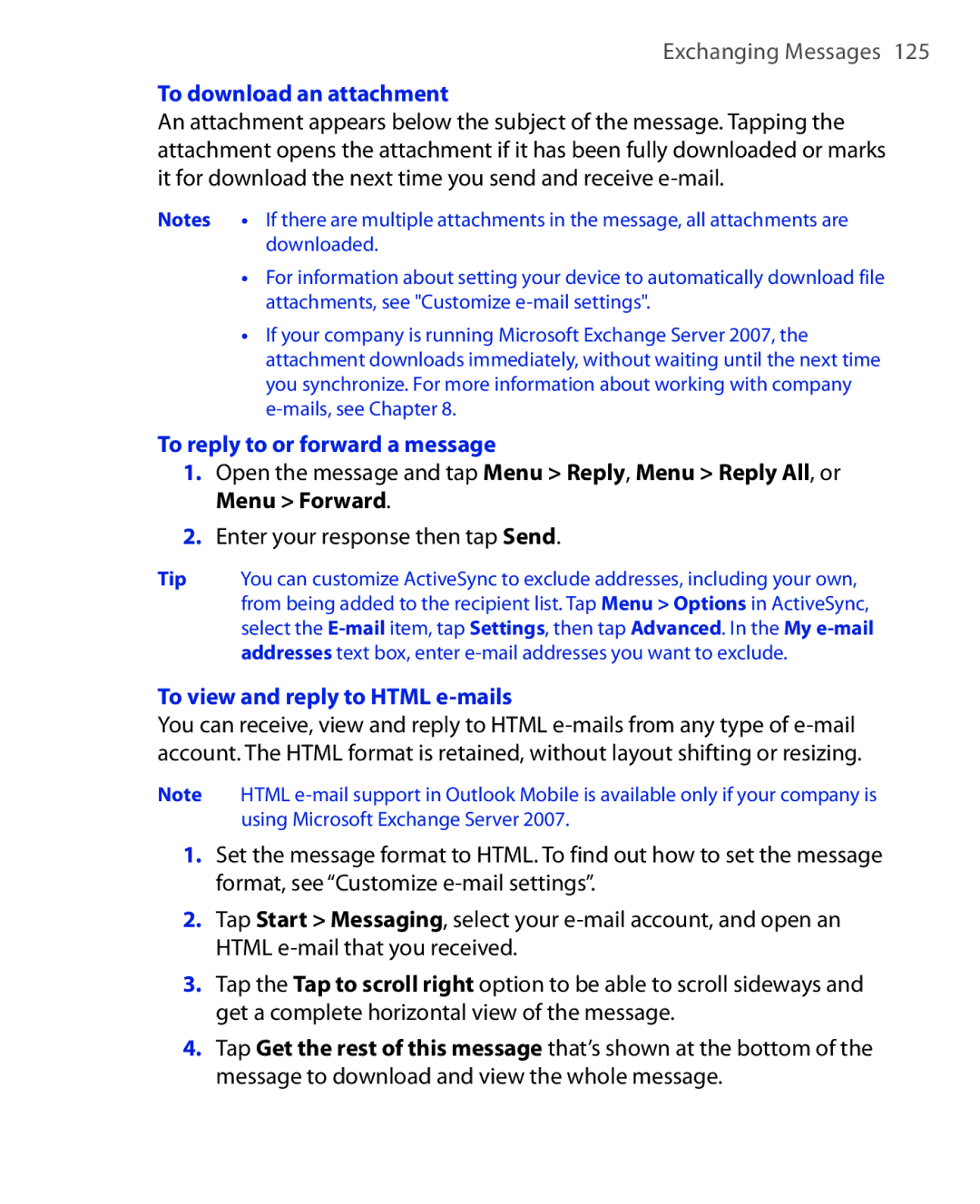 HTC POLA100 user manual To download an attachment, To reply to or forward a message, To view and reply to Html e-mails 