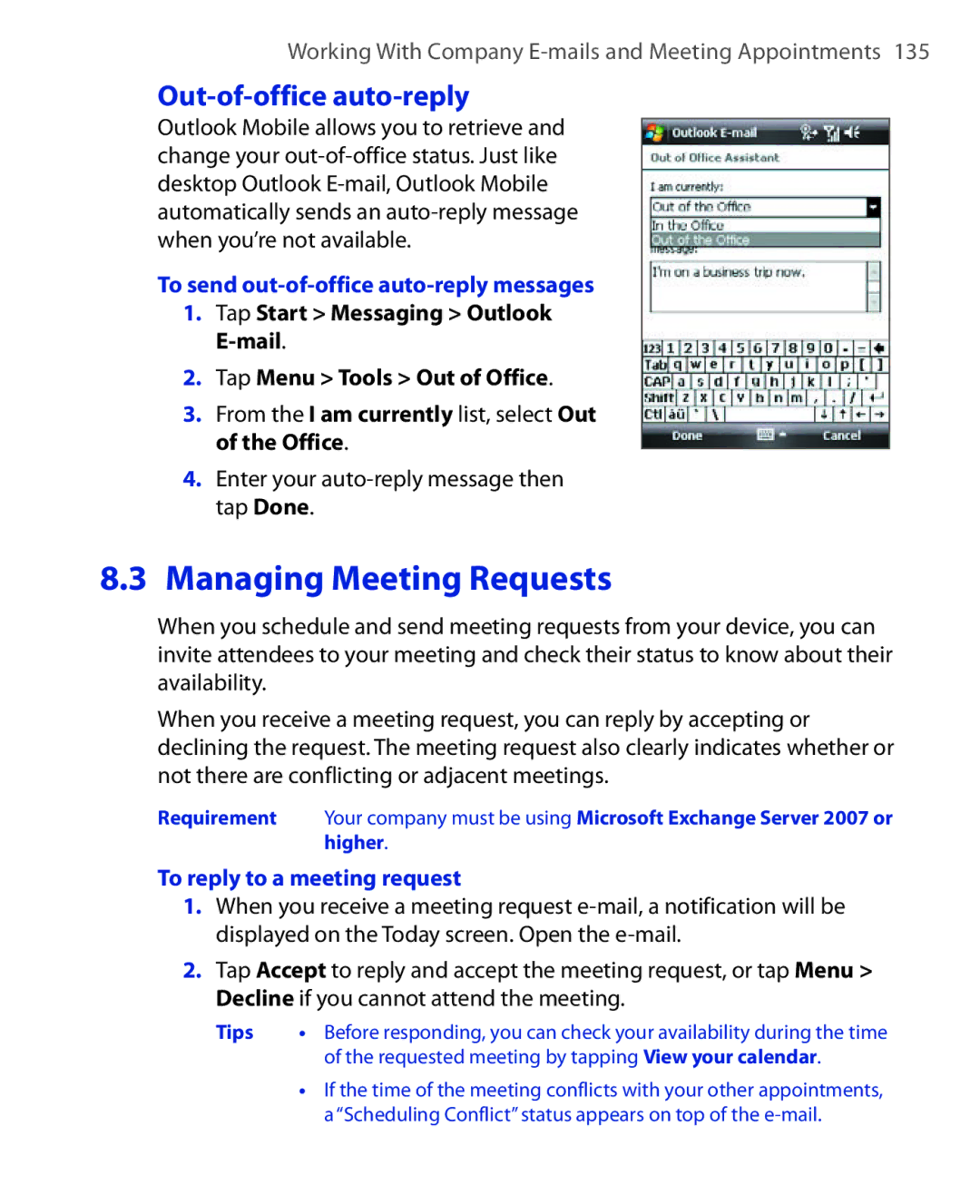 HTC POLA100 user manual Out-of-office auto-reply, To send out-of-office auto-reply messages, To reply to a meeting request 