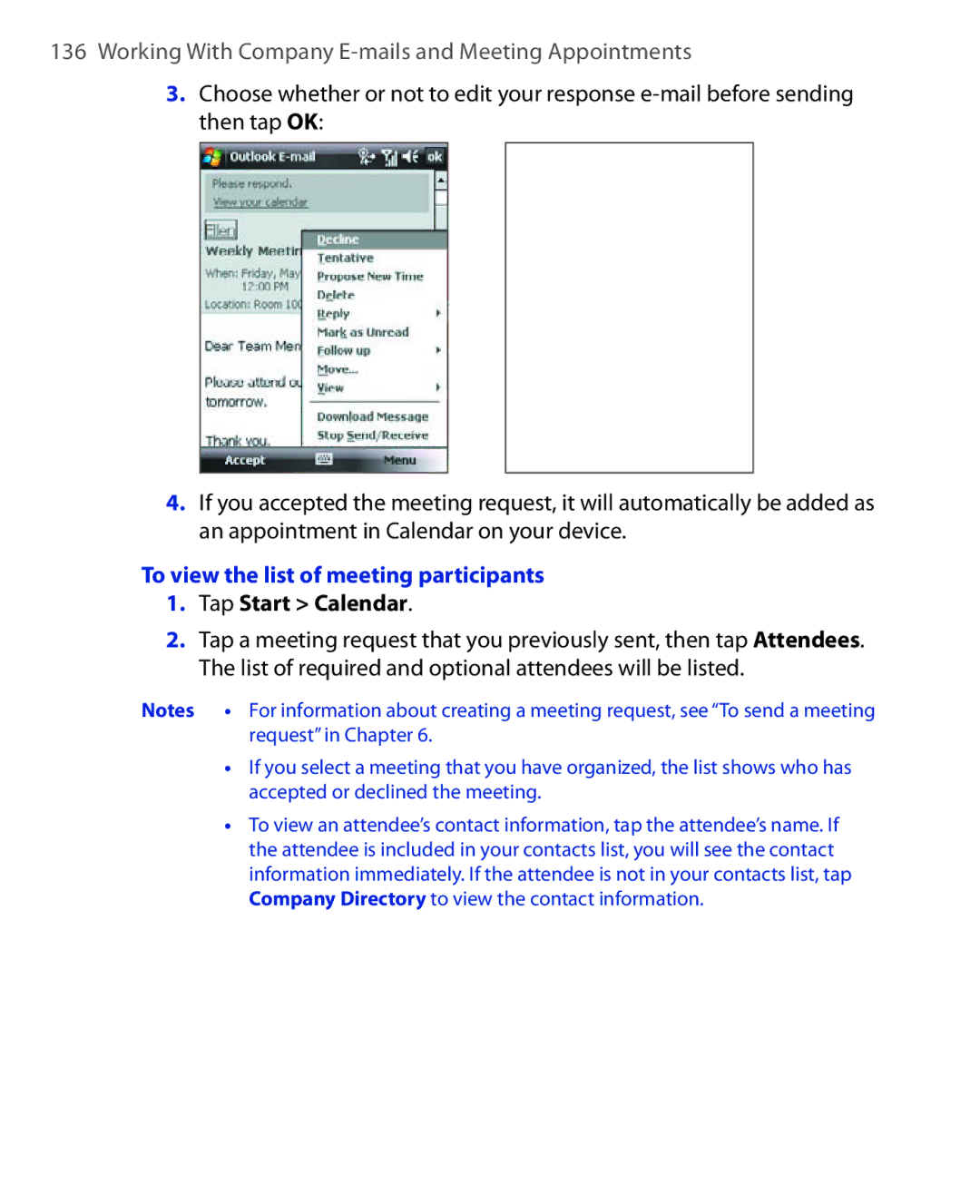 HTC POLA100 user manual To view the list of meeting participants, Tap Start Calendar 