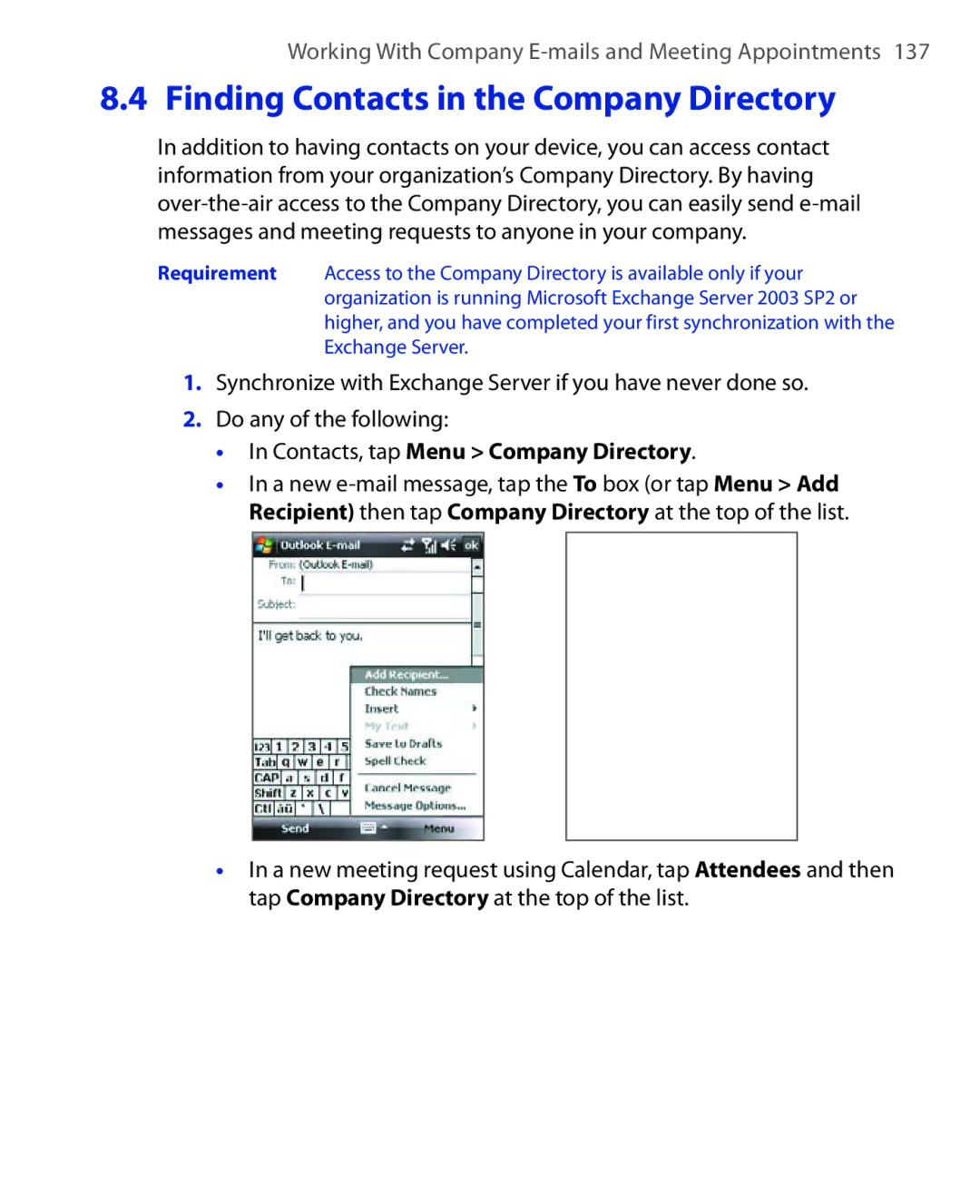 HTC POLA100 user manual Finding Contacts in the Company Directory, Contacts, tap Menu Company Directory 