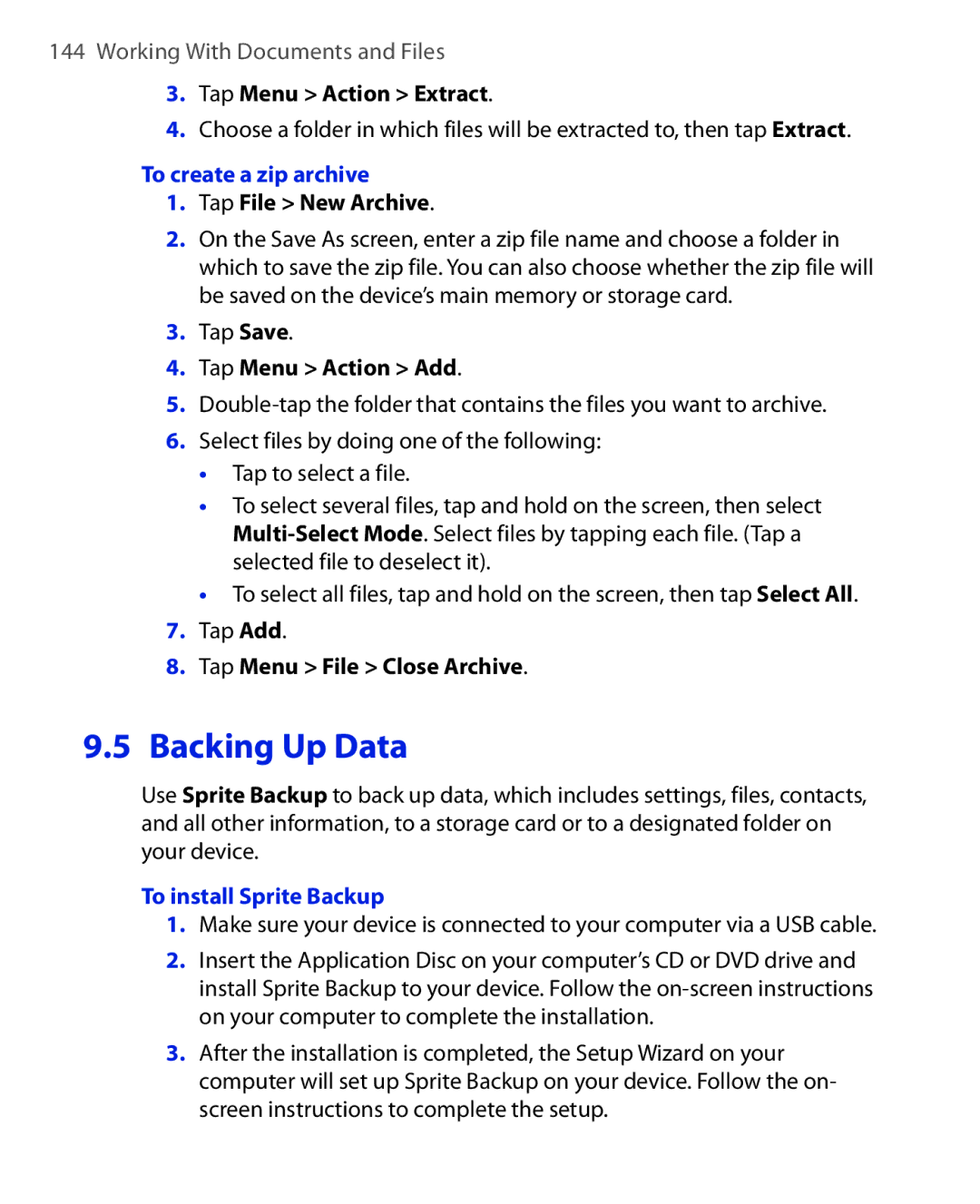 HTC POLA100 user manual To create a zip archive, To install Sprite Backup 