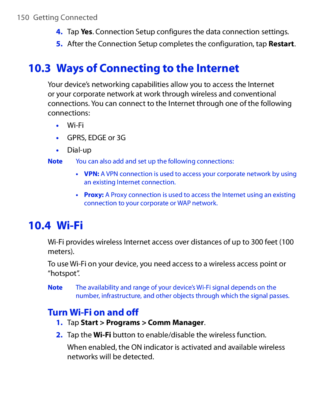 HTC POLA100 user manual Ways of Connecting to the Internet, Turn Wi-Fi on and off 