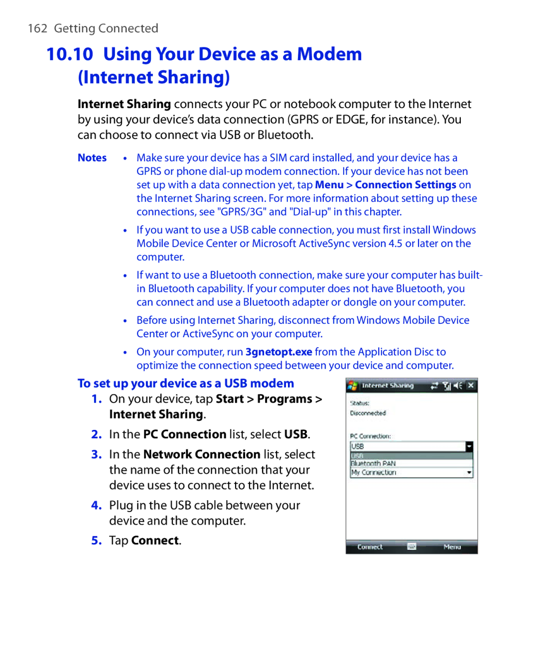 HTC POLA100 user manual Using Your Device as a Modem Internet Sharing, To set up your device as a USB modem, Tap Connect 