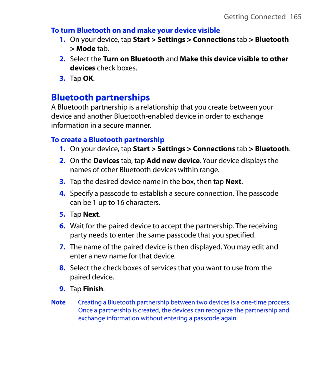 HTC POLA100 Bluetooth partnerships, To turn Bluetooth on and make your device visible, To create a Bluetooth partnership 