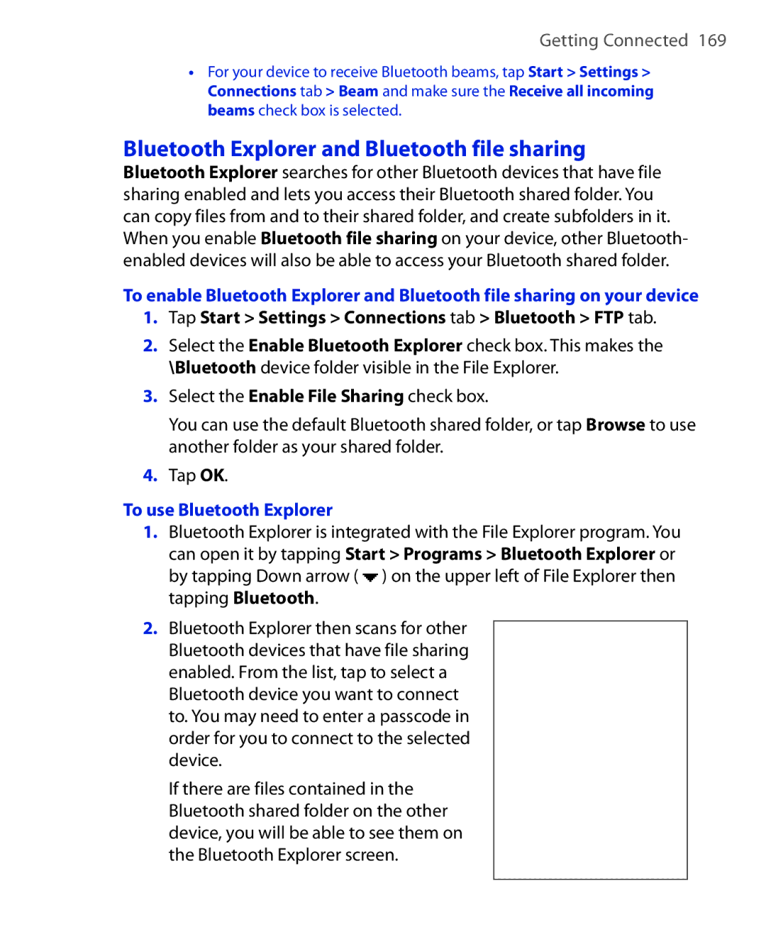 HTC POLA100 user manual Bluetooth Explorer and Bluetooth file sharing, Tap Start Settings Connections tab Bluetooth FTP tab 