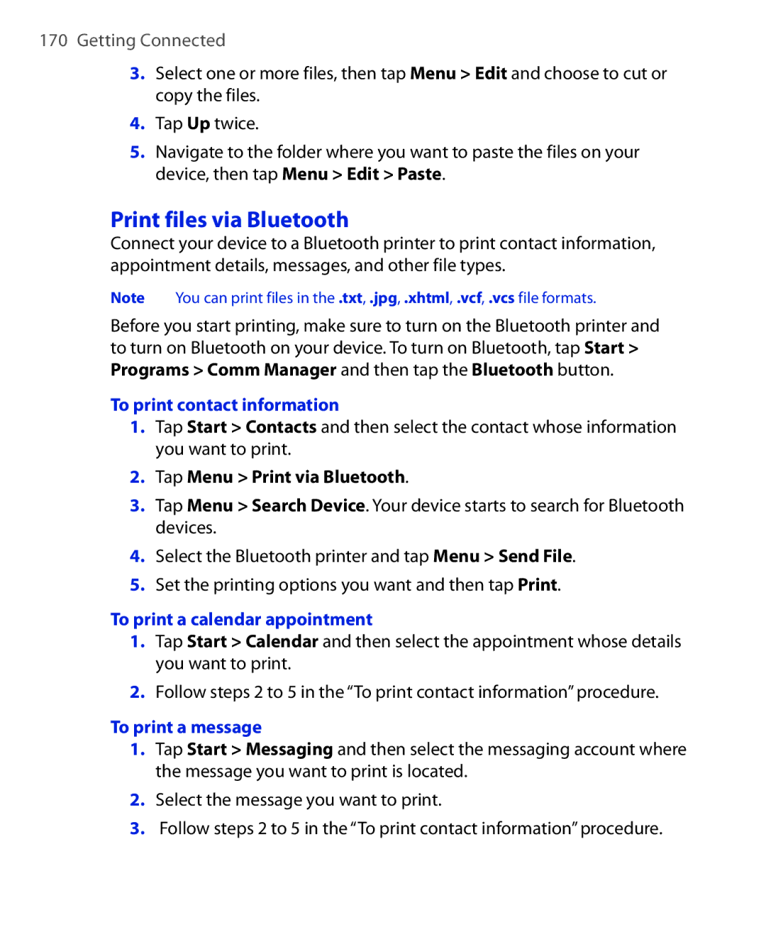 HTC POLA100 Print files via Bluetooth, To print contact information, Tap Menu Print via Bluetooth, To print a message 