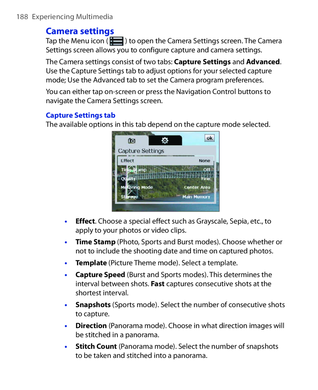 HTC POLA100 user manual Camera settings, Capture Settings tab 