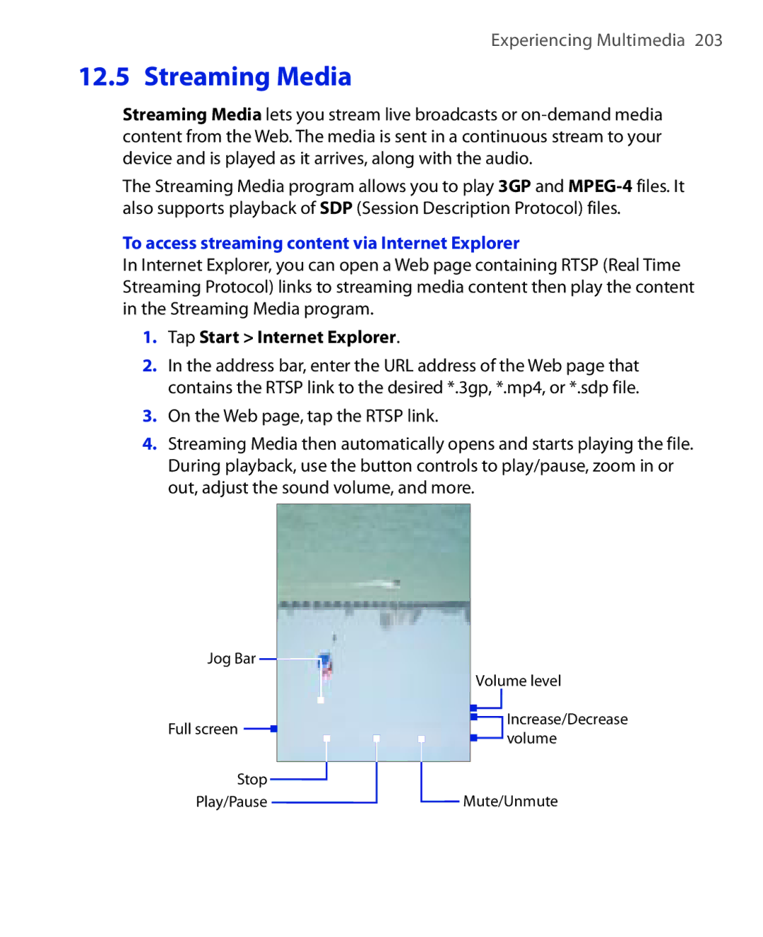 HTC POLA100 user manual Streaming Media, To access streaming content via Internet Explorer 