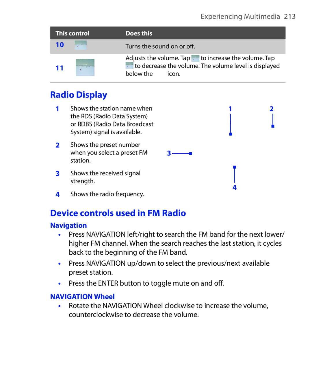 HTC POLA100 user manual Radio Display, Device controls used in FM Radio, Navigation Wheel 