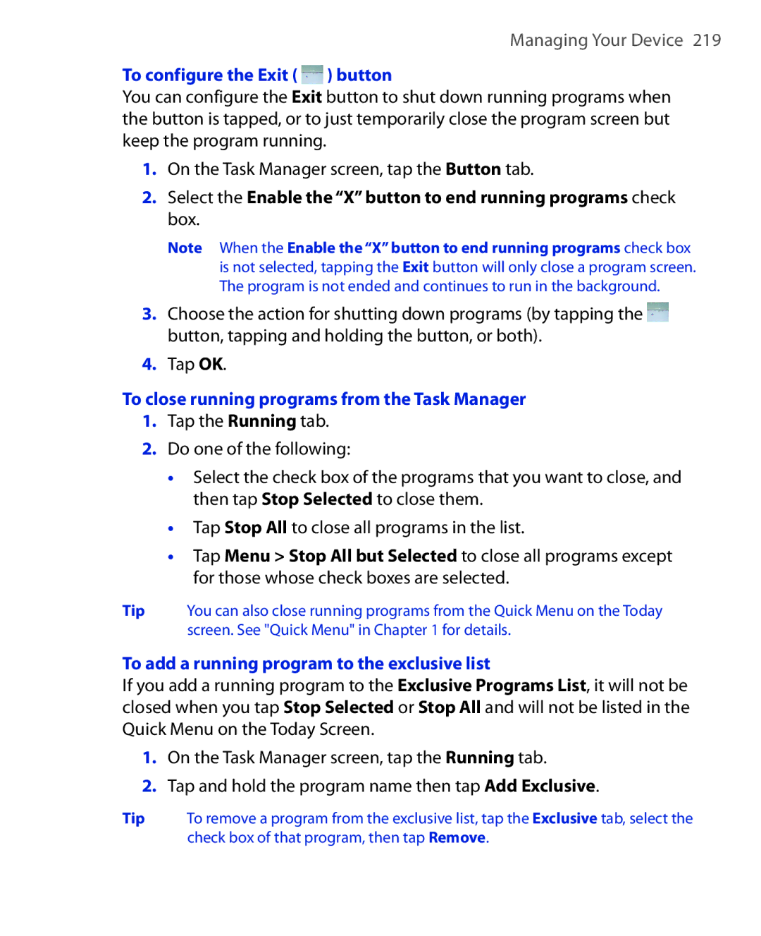 HTC POLA100 user manual To configure the Exit button, To close running programs from the Task Manager 