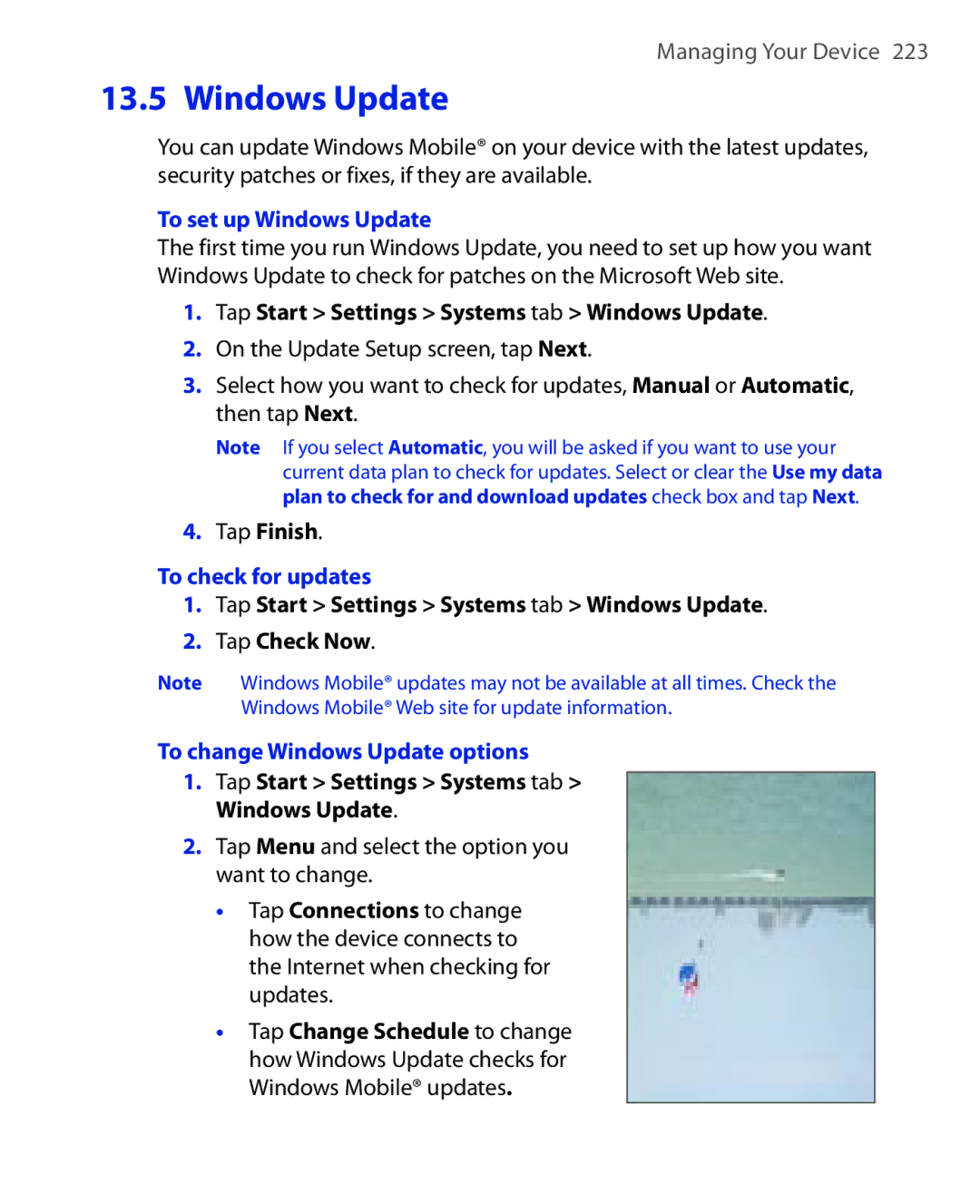 HTC POLA100 user manual To set up Windows Update, Tap Start Settings Systems tab Windows Update, To check for updates 