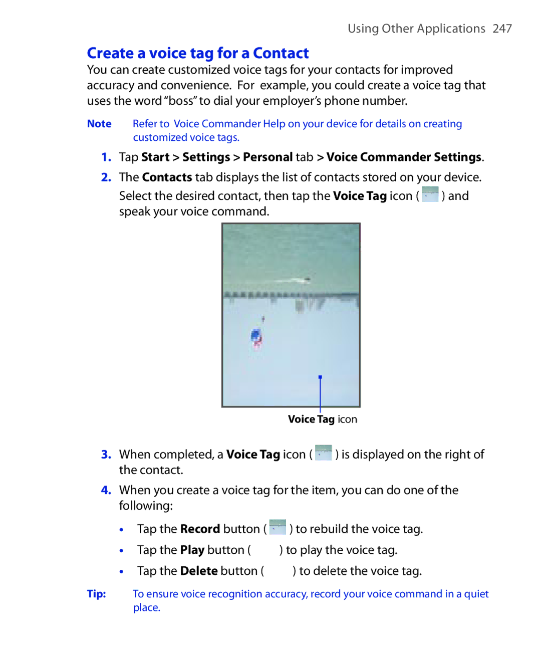 HTC POLA100 user manual Create a voice tag for a Contact 