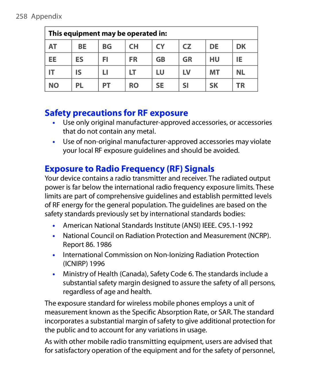 HTC POLA100 Safety precautions for RF exposure, Exposure to Radio Frequency RF Signals, This equipment may be operated 