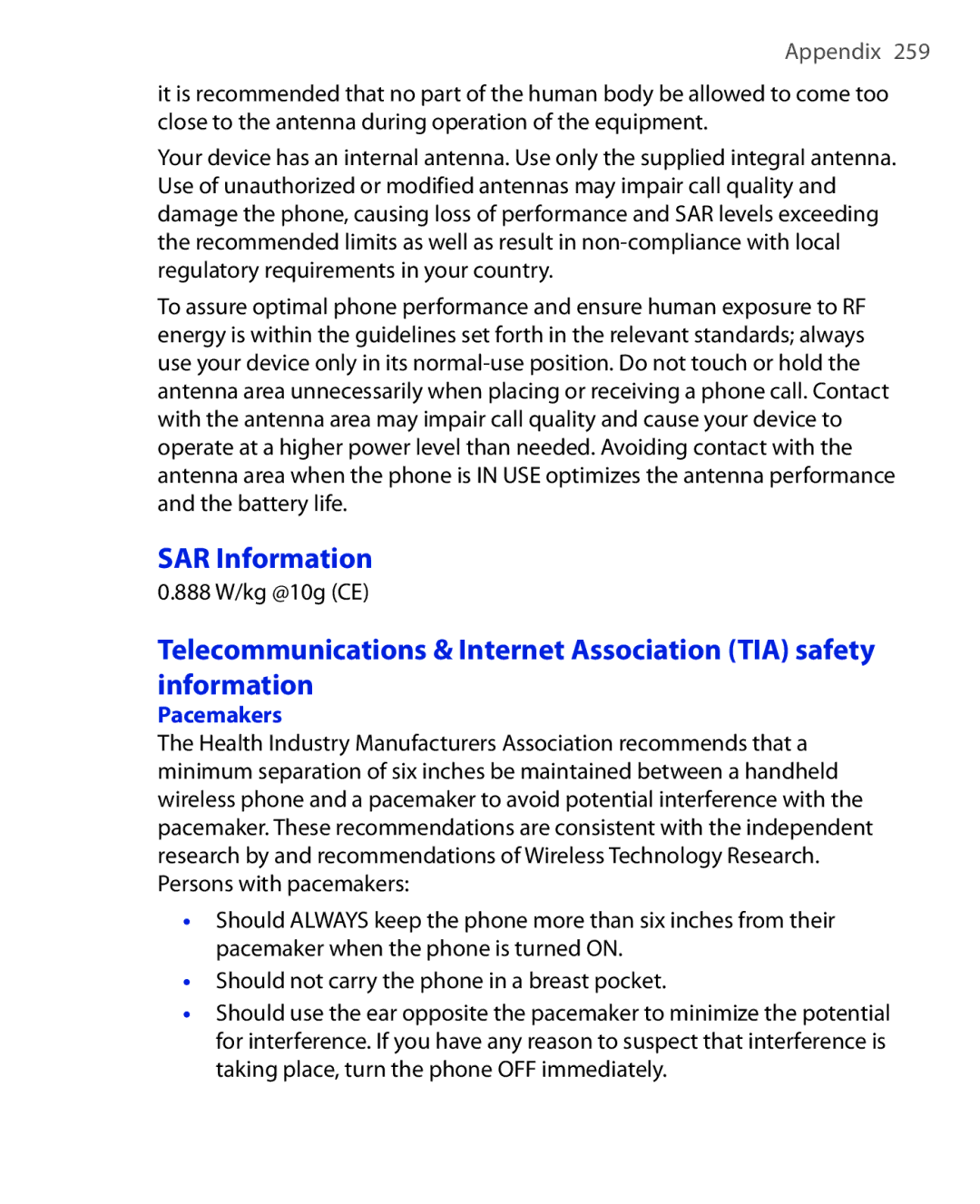 HTC POLA100 user manual SAR Information, 888 W/kg @10g CE, Pacemakers 