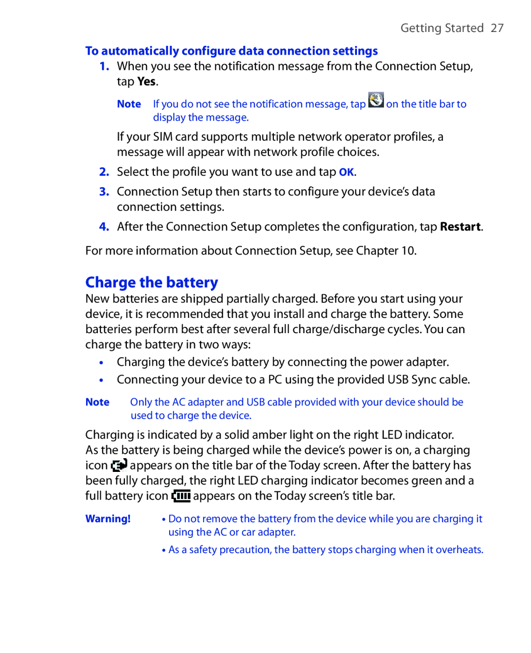 HTC POLA100 user manual Charge the battery, To automatically configure data connection settings 