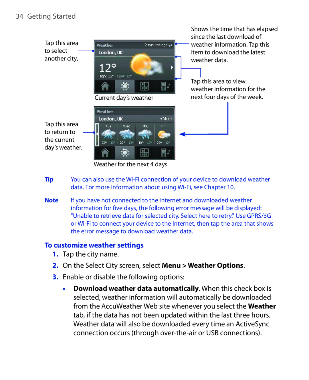 HTC POLA100 user manual To customize weather settings 