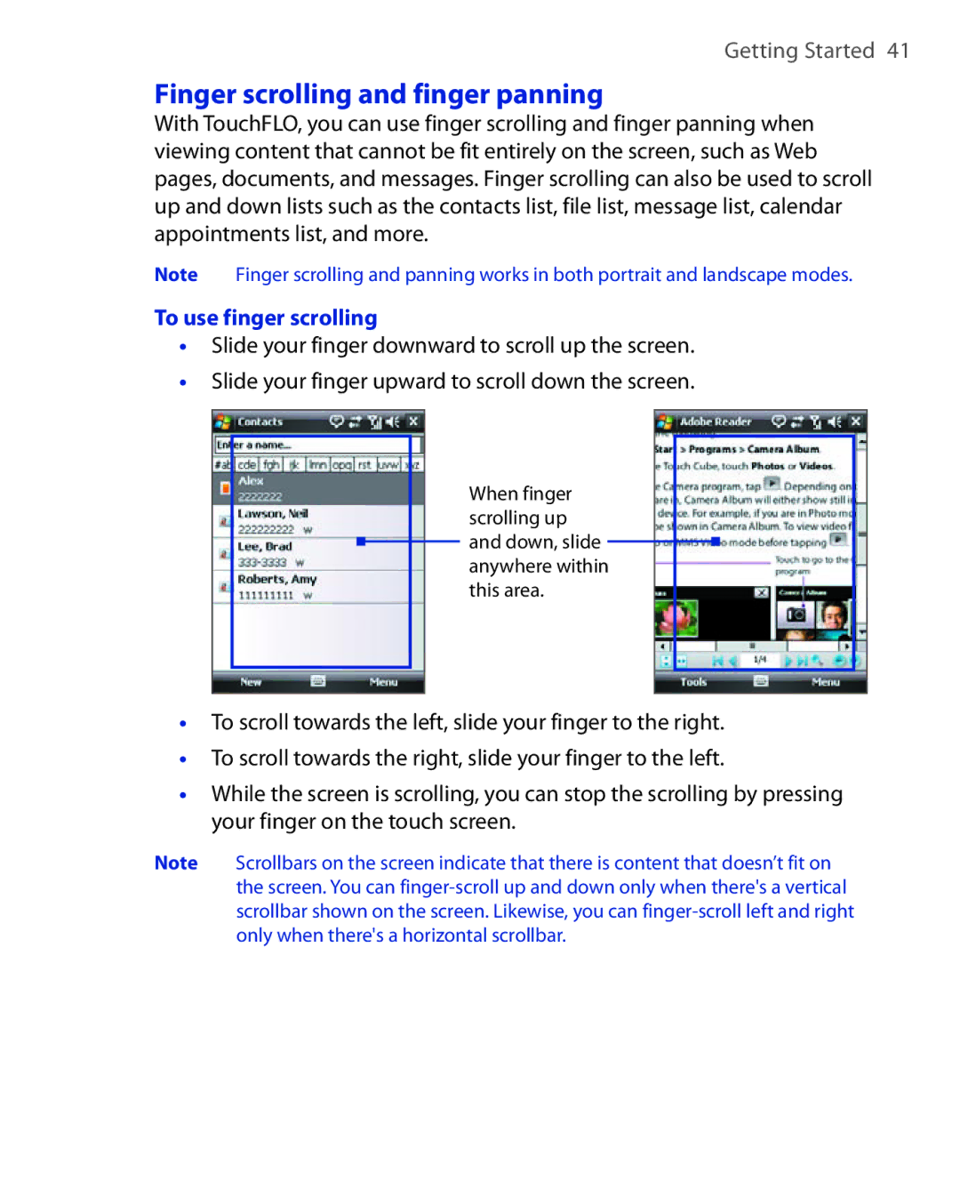 HTC POLA100 user manual Finger scrolling and finger panning, To use finger scrolling 