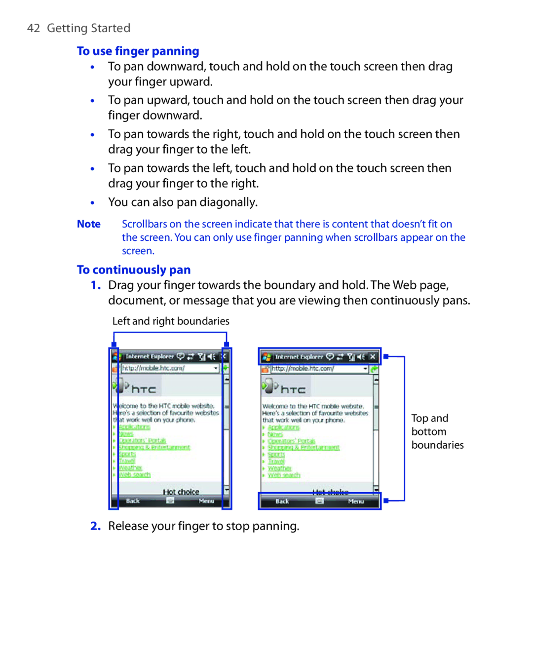 HTC POLA100 user manual To use finger panning, To continuously pan, Release your finger to stop panning 