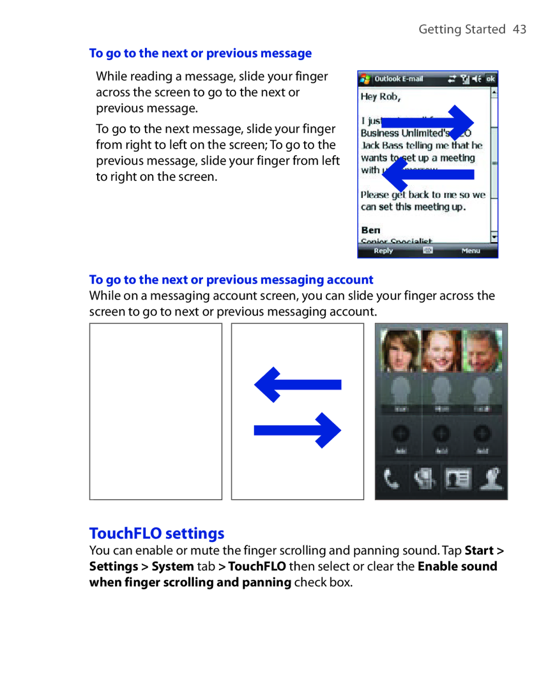 HTC POLA100 TouchFLO settings, To go to the next or previous message, To go to the next or previous messaging account 