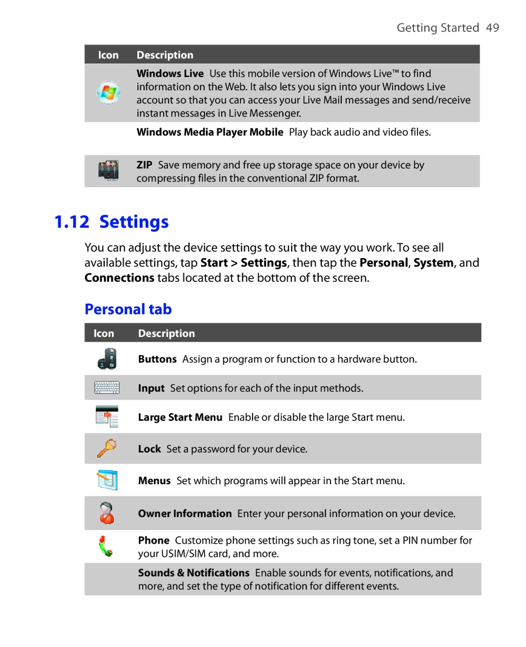 HTC POLA100 user manual Settings, Personal tab 