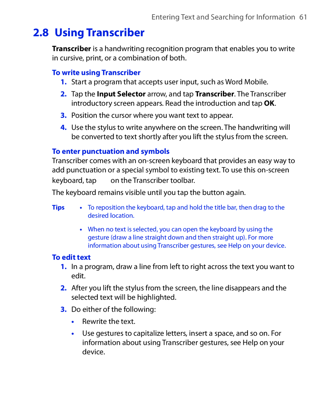 HTC POLA100 user manual To write using Transcriber, Position the cursor where you want text to appear, To edit text 