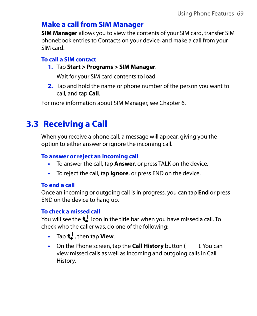 HTC POLA100 Make a call from SIM Manager, To call a SIM contact, To answer or reject an incoming call, To end a call 