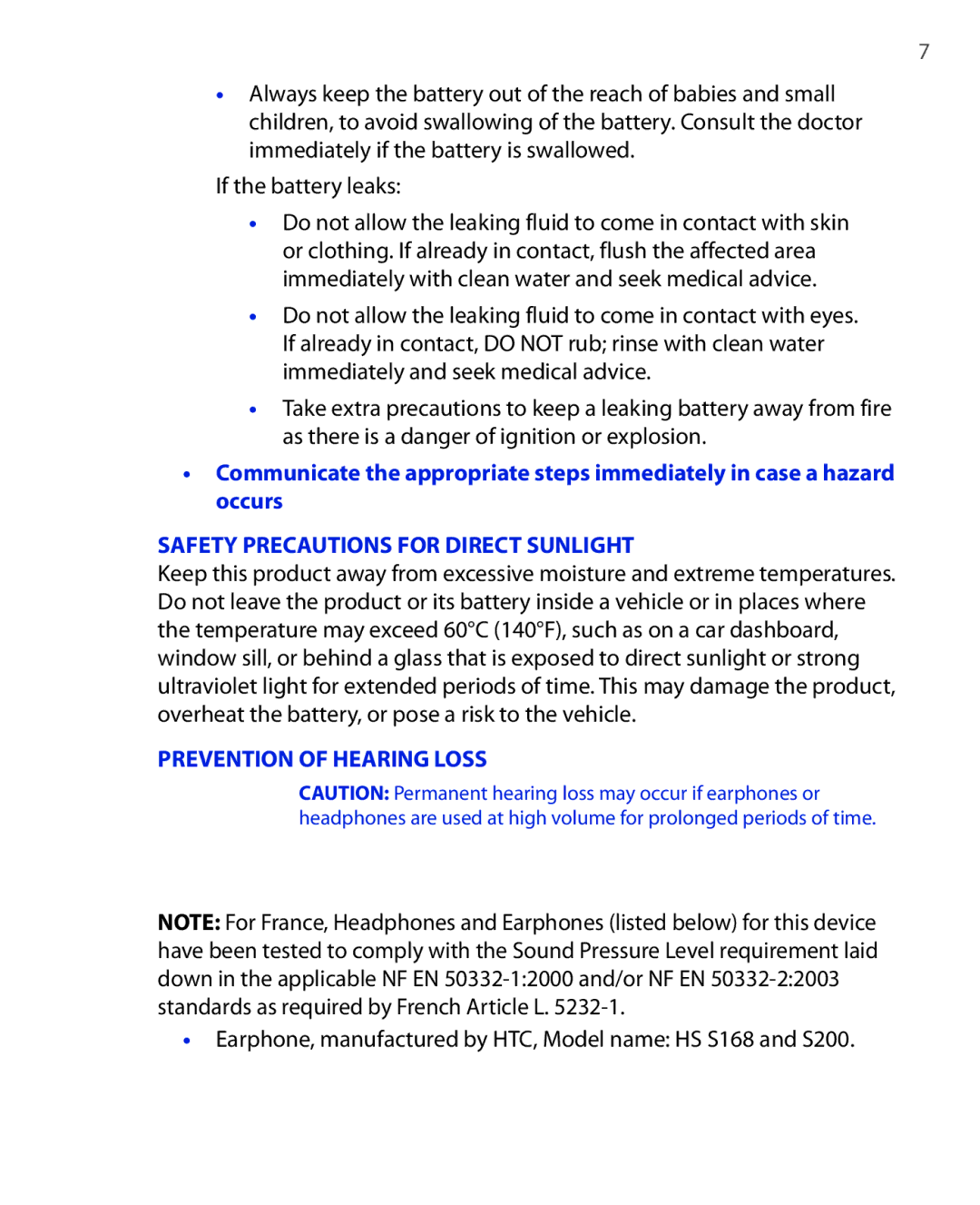 HTC POLA100 user manual Safety Precautions for Direct Sunlight, Earphone, manufactured by HTC, Model name HS S168 and S200 