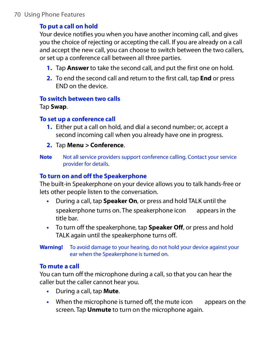 HTC POLA100 user manual To put a call on hold, To switch between two calls, To set up a conference call, To mute a call 