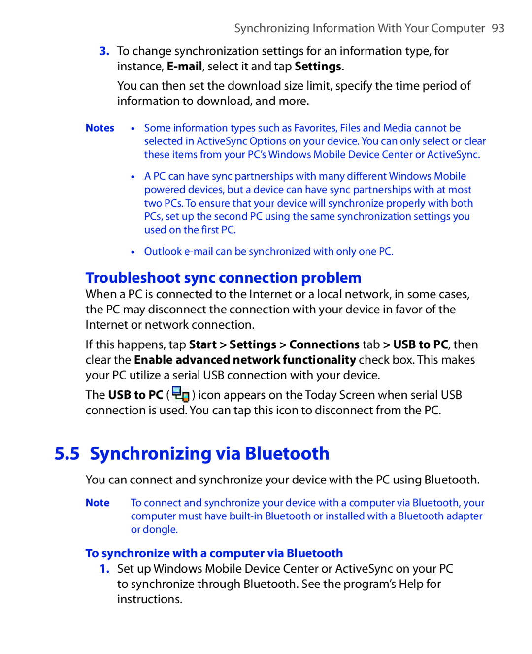 HTC POLA100 user manual Troubleshoot sync connection problem, To synchronize with a computer via Bluetooth 