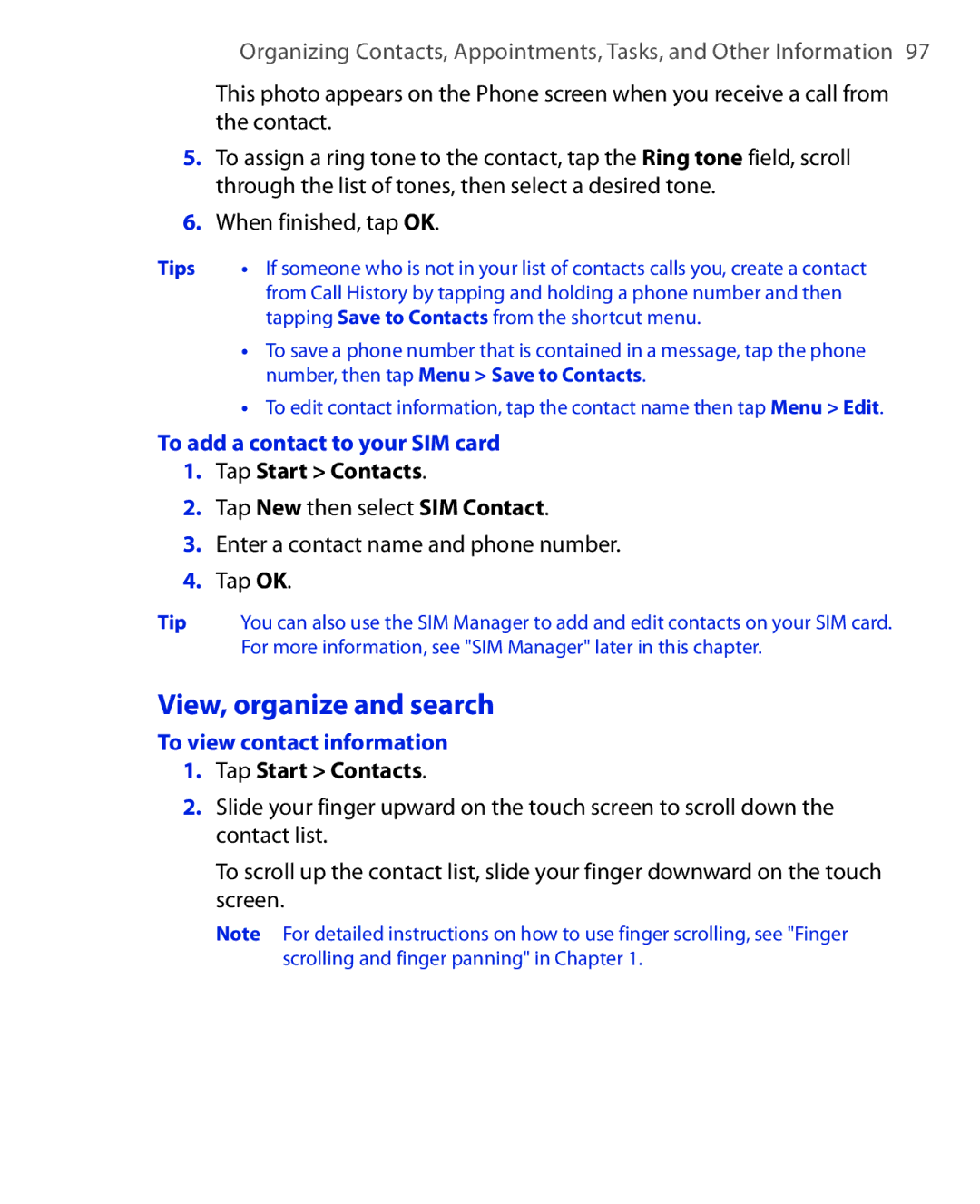 HTC POLA100 user manual View, organize and search, To add a contact to your SIM card, To view contact information 