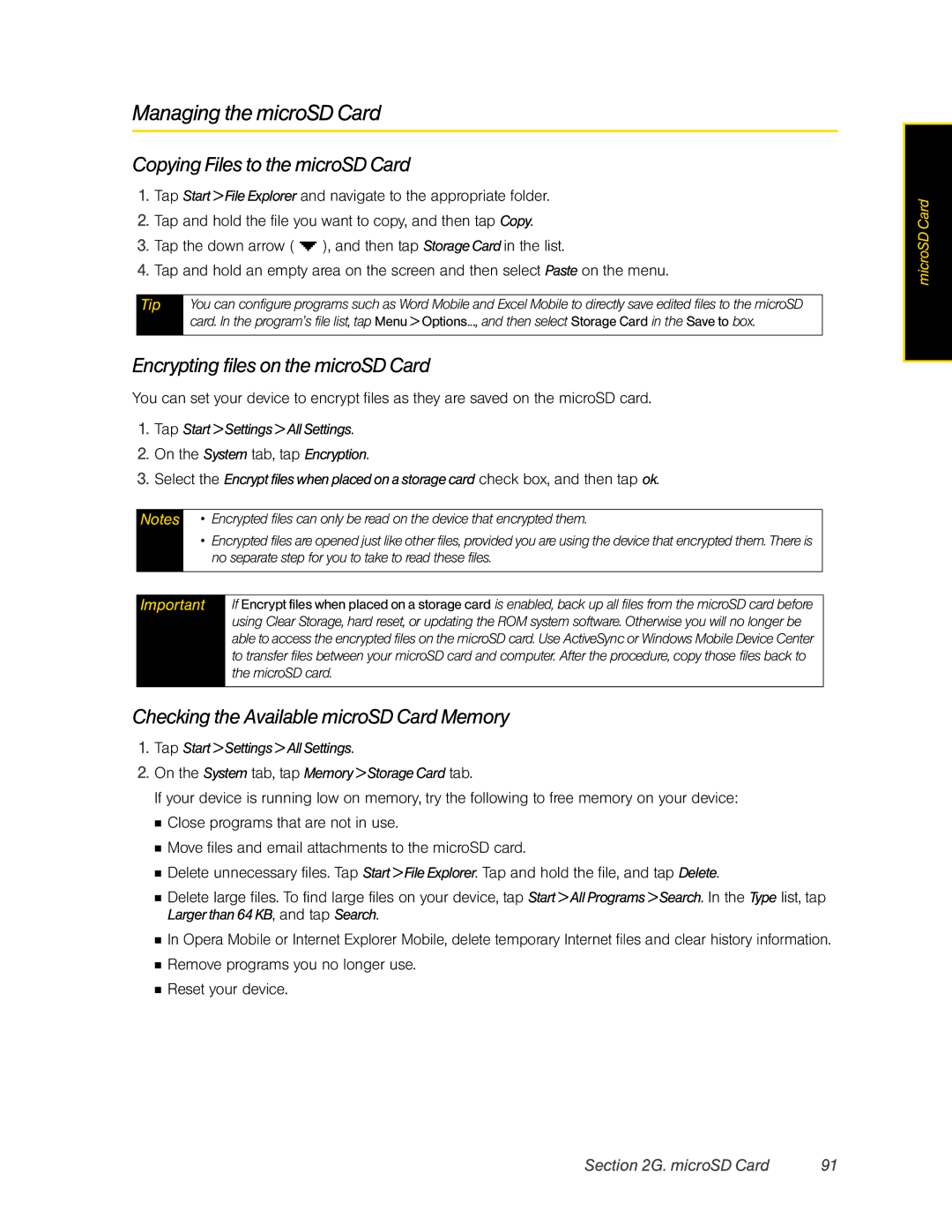 HTC Pro2 manual Managing the microSD Card, Copying Files to the microSD Card, Encrypting files on the microSD Card 