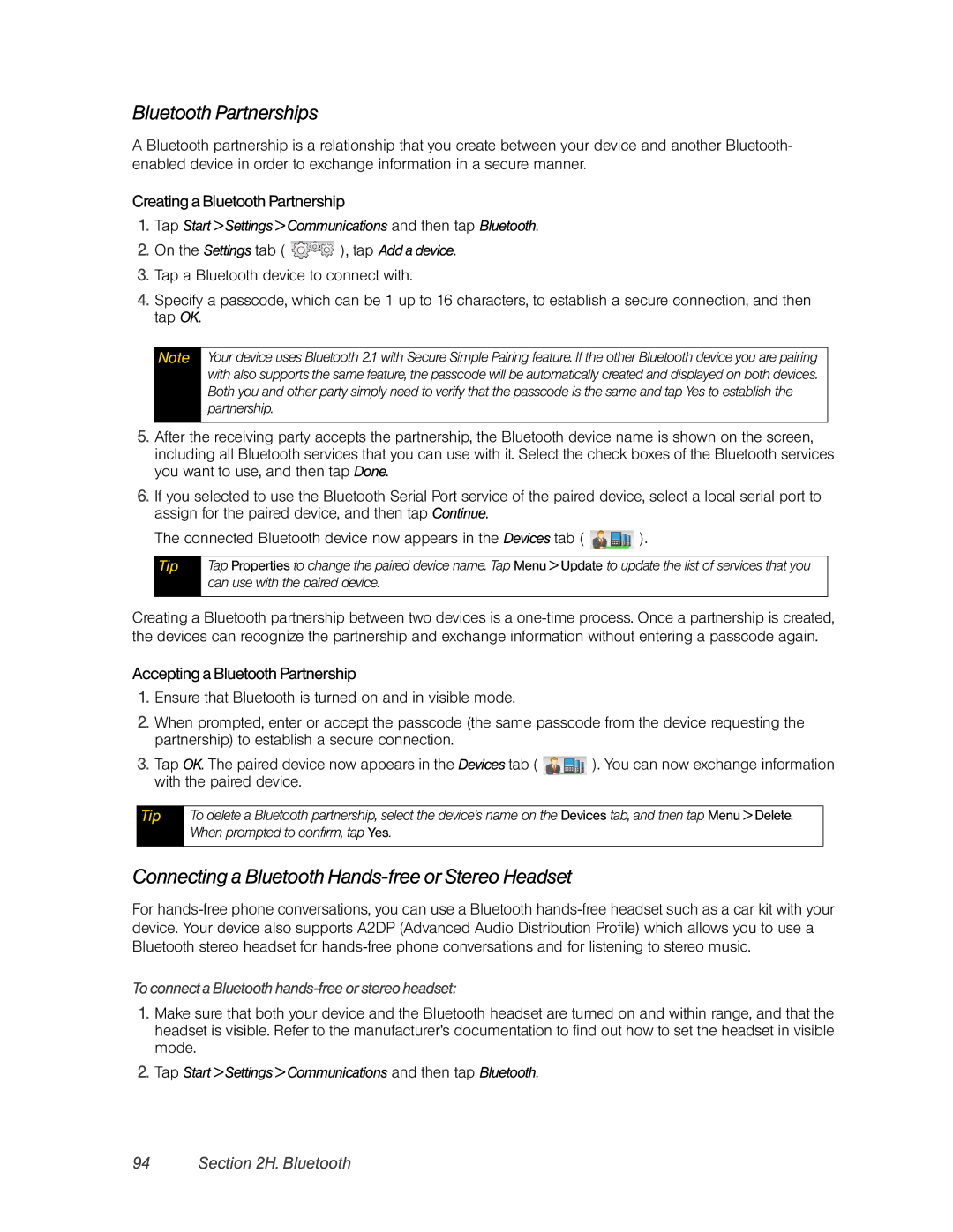 HTC Pro2 Bluetooth Partnerships, Connecting a Bluetooth Hands-free or Stereo Headset, Creating a Bluetooth Partnership 