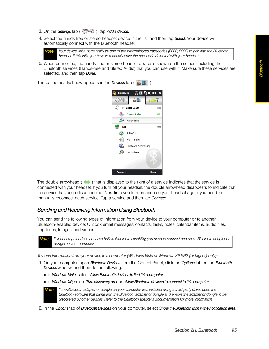 HTC Pro2 manual Sending and Receiving Information Using Bluetooth 