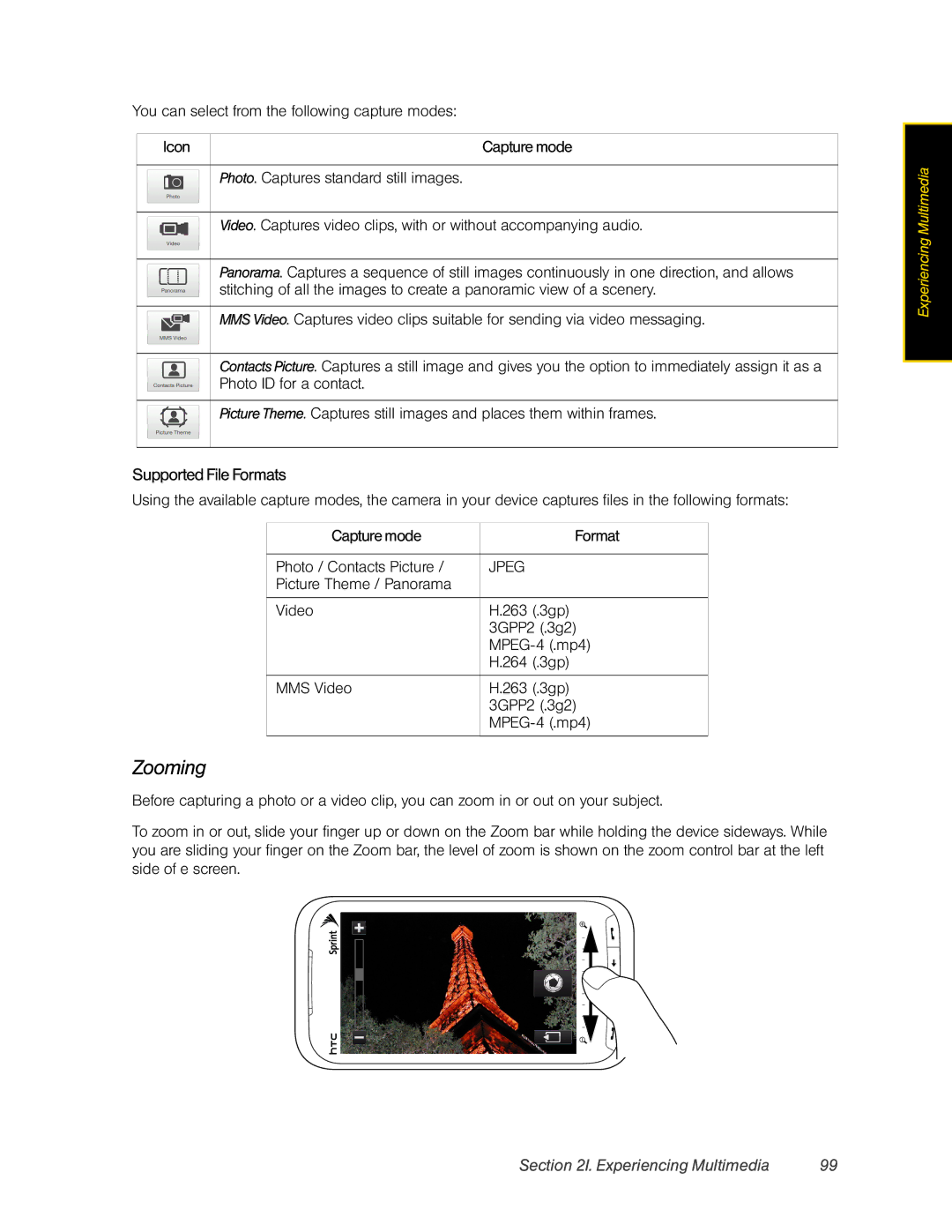 HTC Pro2 manual Zooming, Supported File Formats 