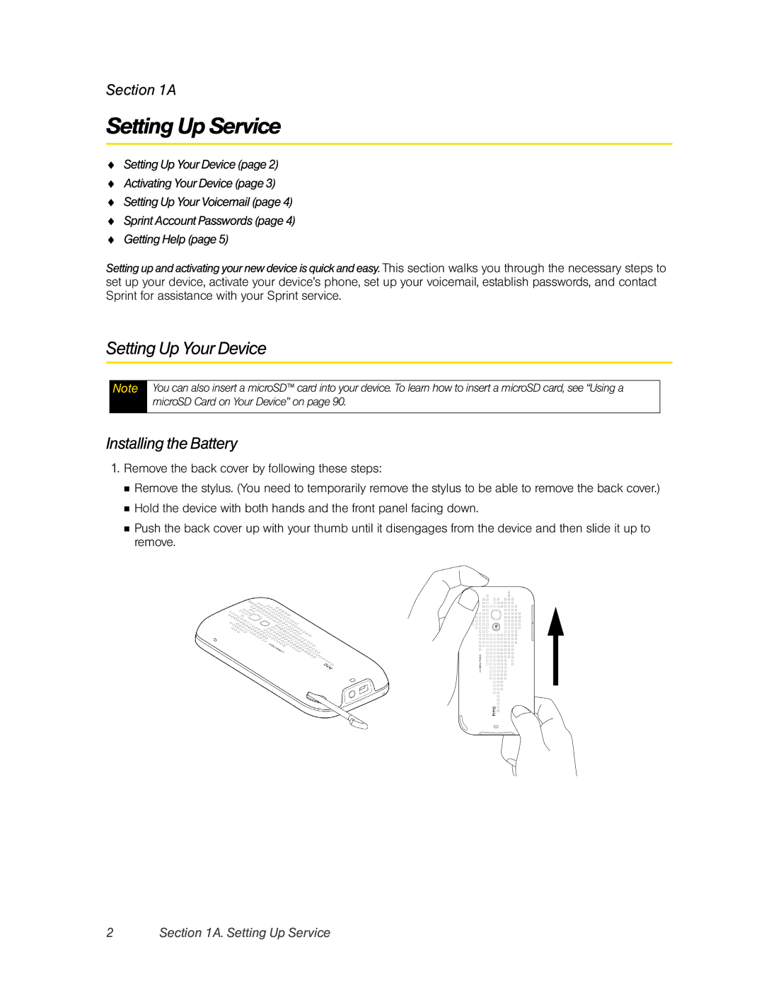 HTC Pro2 manual Setting Up Service, Setting Up Your Device, Installing the Battery 