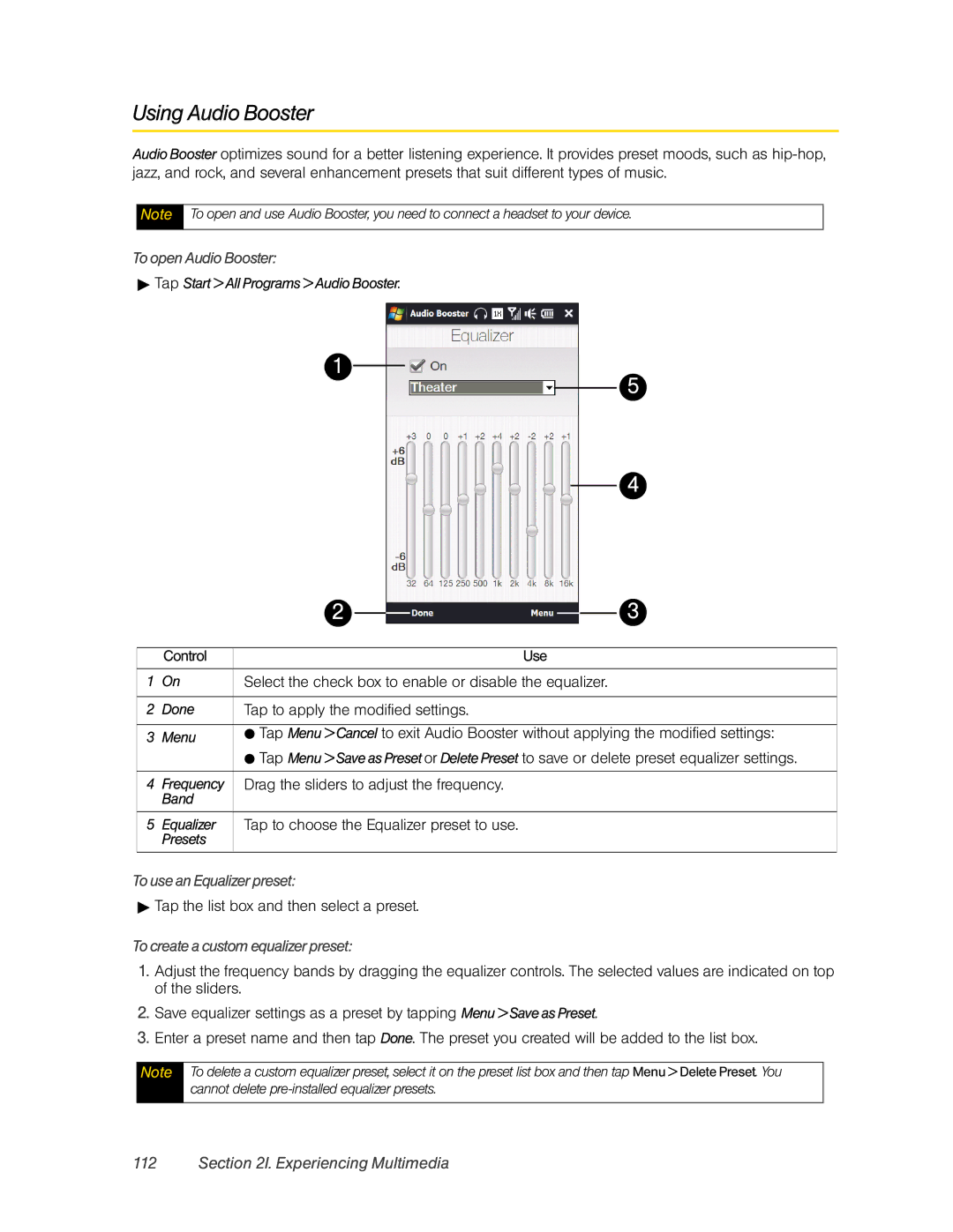 HTC Pro2 manual Using Audio Booster, To open Audio Booster, To use an Equalizer preset, To create a custom equalizer preset 