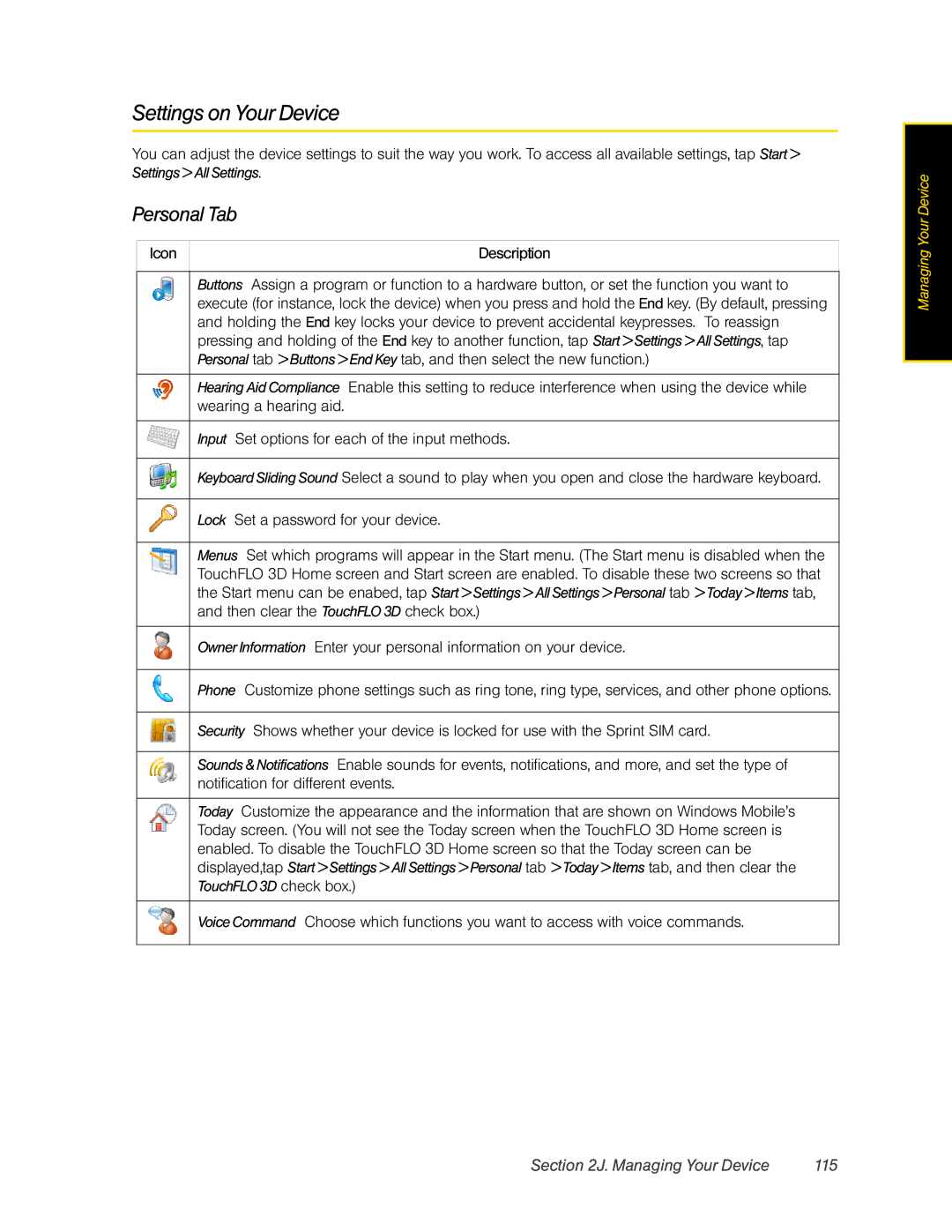 HTC Pro2 manual Settings on Your Device, Personal Tab, Managing Your Device 115, Buttons 