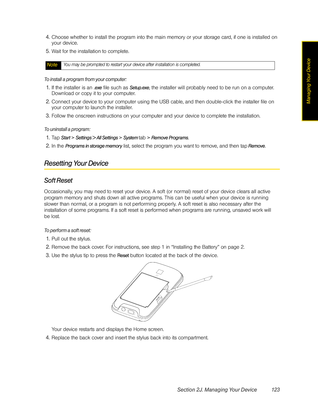 HTC Pro2 manual Resetting Your Device, Soft Reset, Managing Your Device 123 