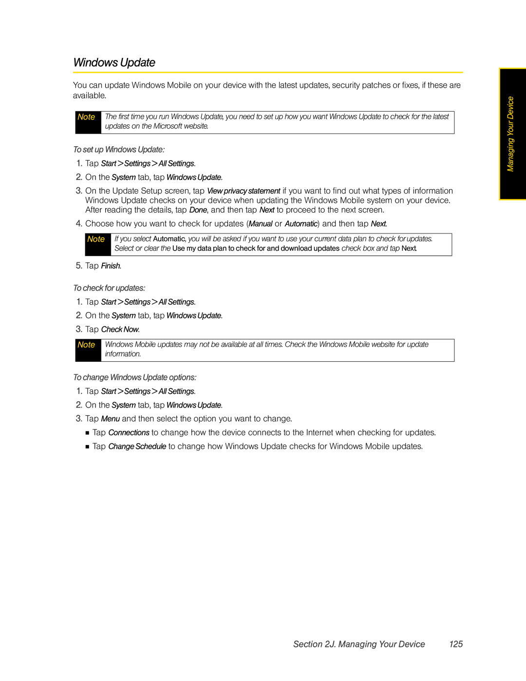 HTC Pro2 Managing Your Device 125, To set up Windows Update, To check for updates, To change Windows Update options 