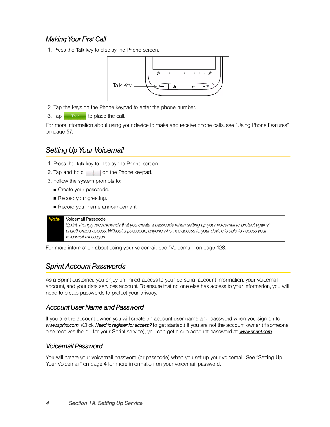 HTC Pro2 manual Setting Up Your Voicemail, Sprint Account Passwords, Making Your First Call 