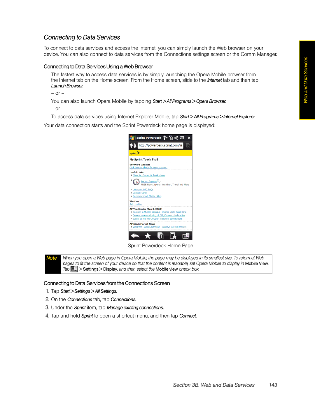 HTC Pro2 Connecting to Data Services Using a Web Browser, Connecting to Data Services from the Connections Screen 