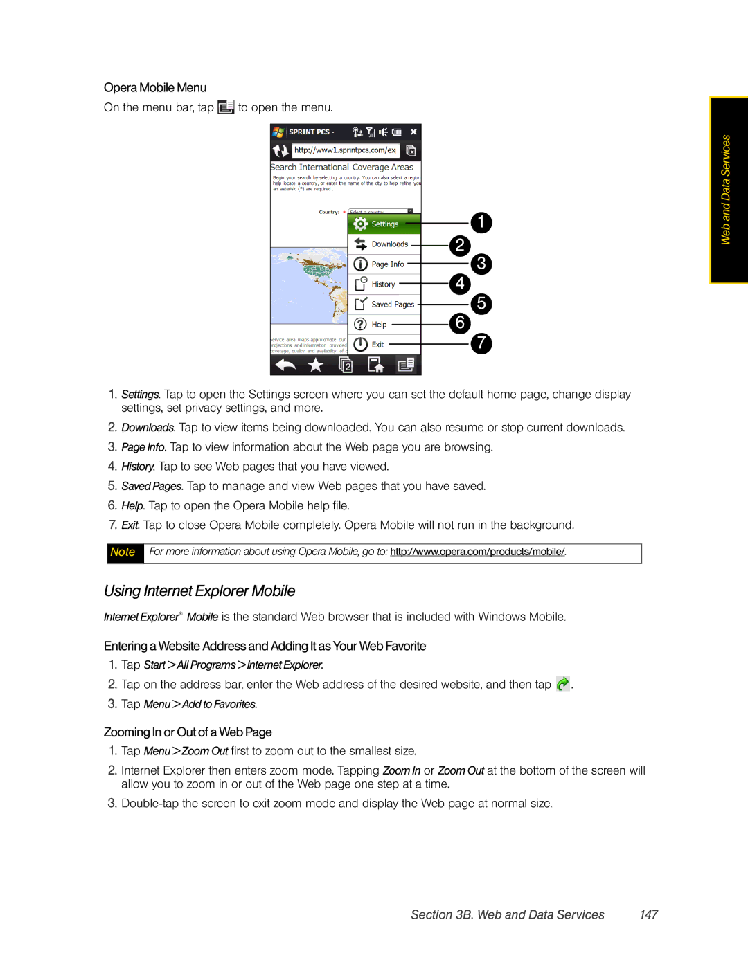 HTC Pro2 manual Using Internet Explorer Mobile, Opera Mobile Menu, Zooming In or Out of a Web, Web and Data Services 147 