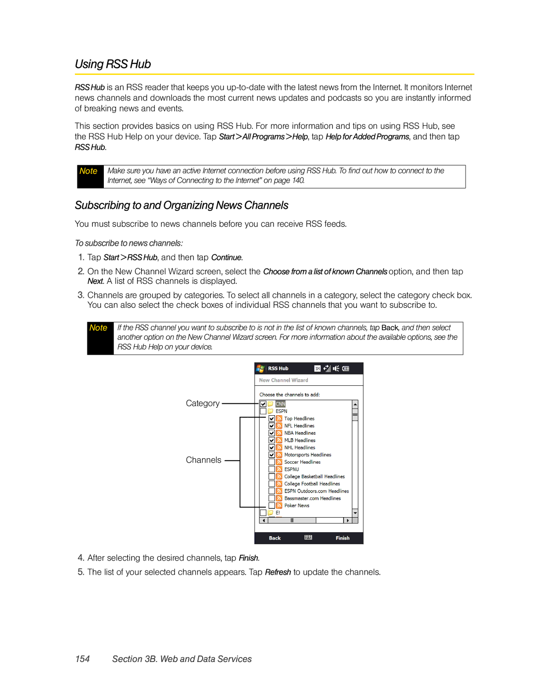 HTC Pro2 manual Using RSS Hub, Subscribing to and Organizing News Channels, To subscribe to news channels 