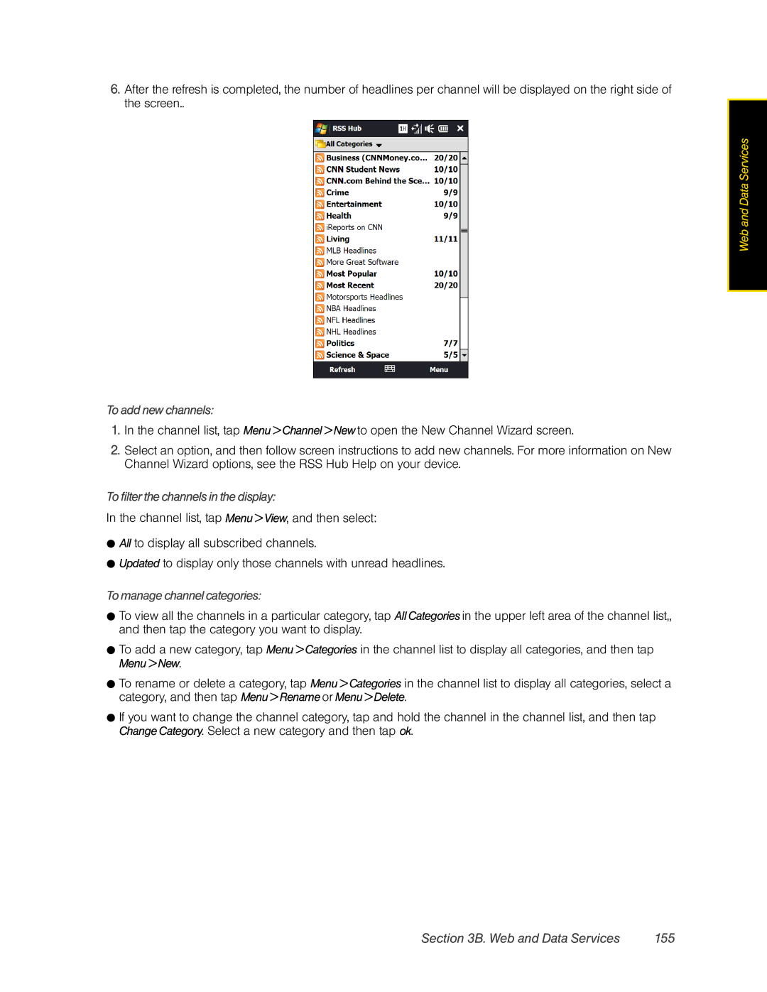 HTC Pro2 manual Web and Data Services 155, To add new channels, To filter the channels in the display 