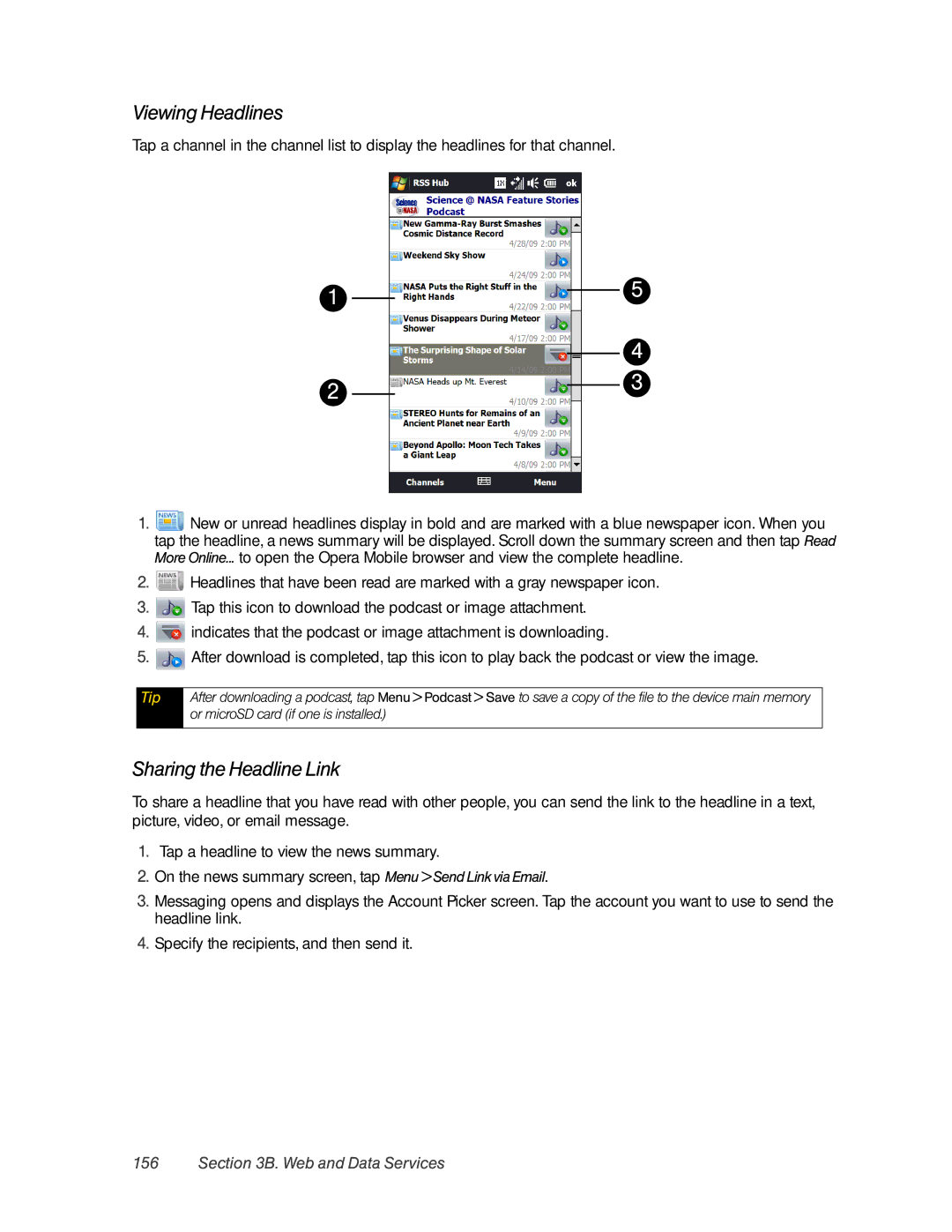 HTC Pro2 manual Viewing Headlines, Sharing the Headline Link 