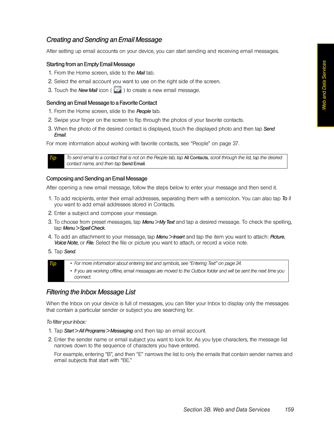 HTC Pro2 manual Creating and Sending an Email Message, Filtering the Inbox Message List, Web and Data Services 159 