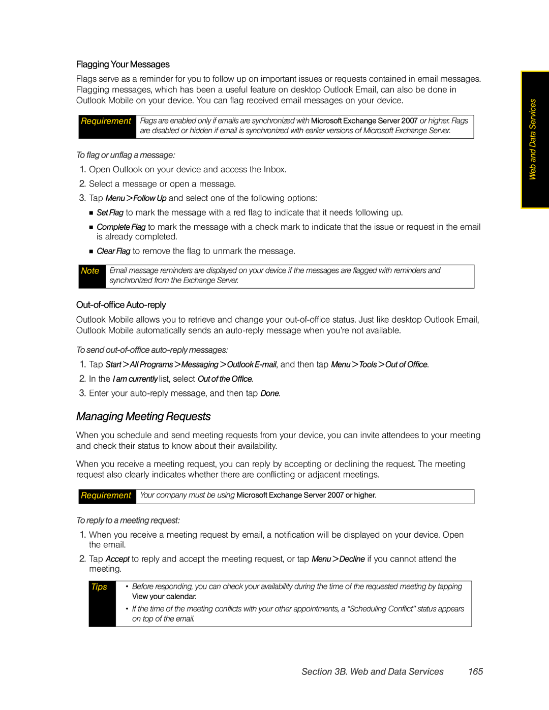 HTC Pro2 manual Managing Meeting Requests, Flagging Your Messages, Out-of-office Auto-reply, Web and Data Services 165 