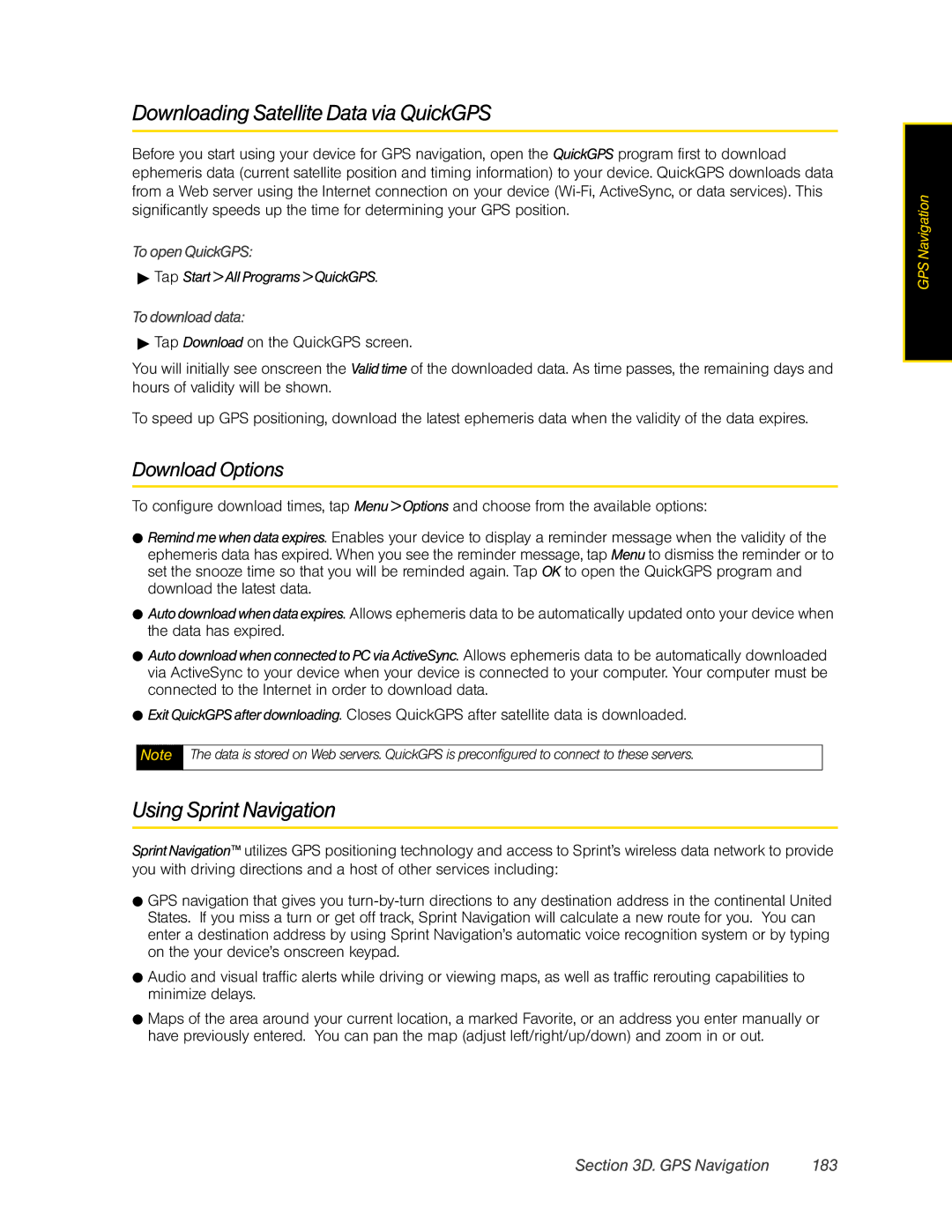 HTC Pro2 manual Downloading Satellite Data via QuickGPS, Using Sprint Navigation, Download Options, GPS Navigation 183 